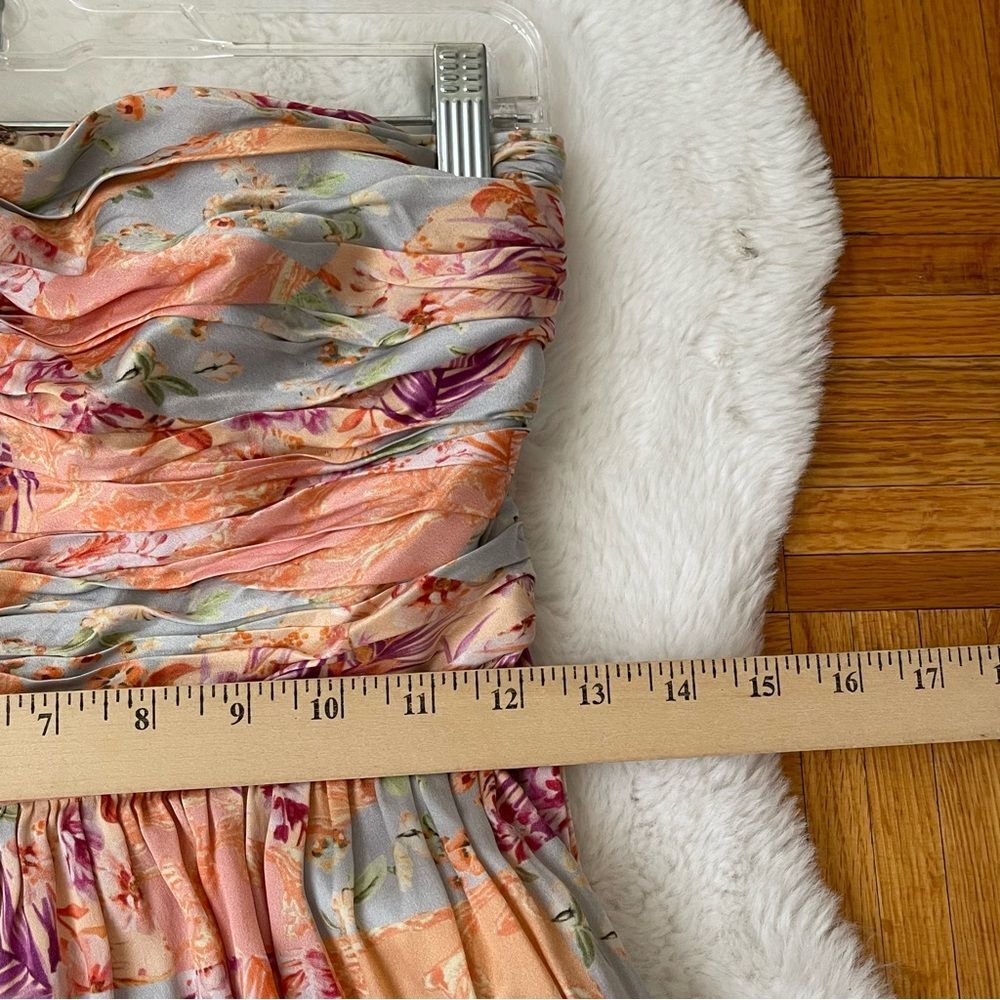 AMUR  Strapless Floral Maxi Dress Size 4 Peach Blue Smocked Bodice Wide Leg Flow - Picture 11 of 13